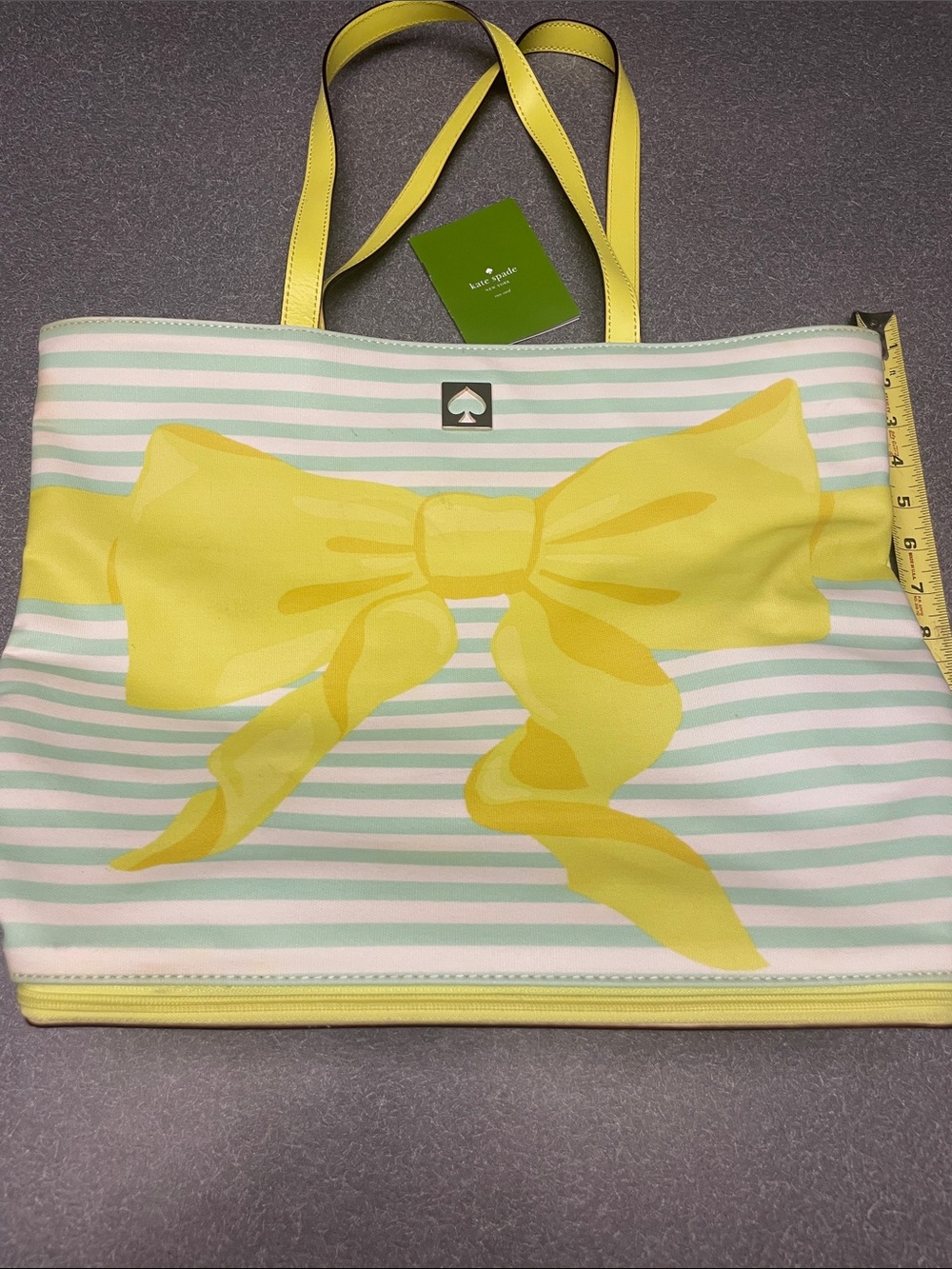 kate spade Yellow Bow Mint & White Stripe Beach Tote with zippered bottom